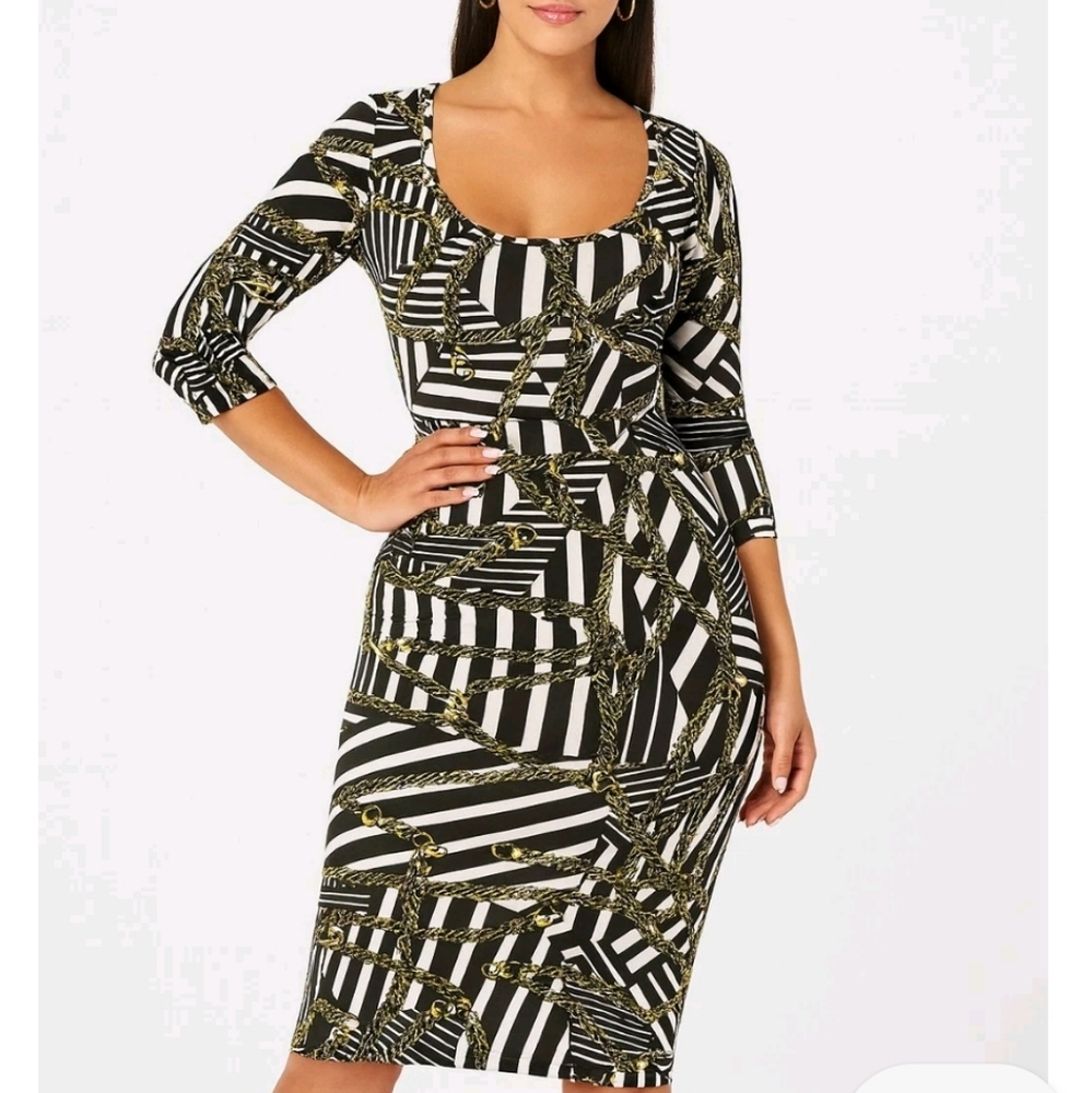 Nicki Minaj Striped Black and White Dress with Gold Chains